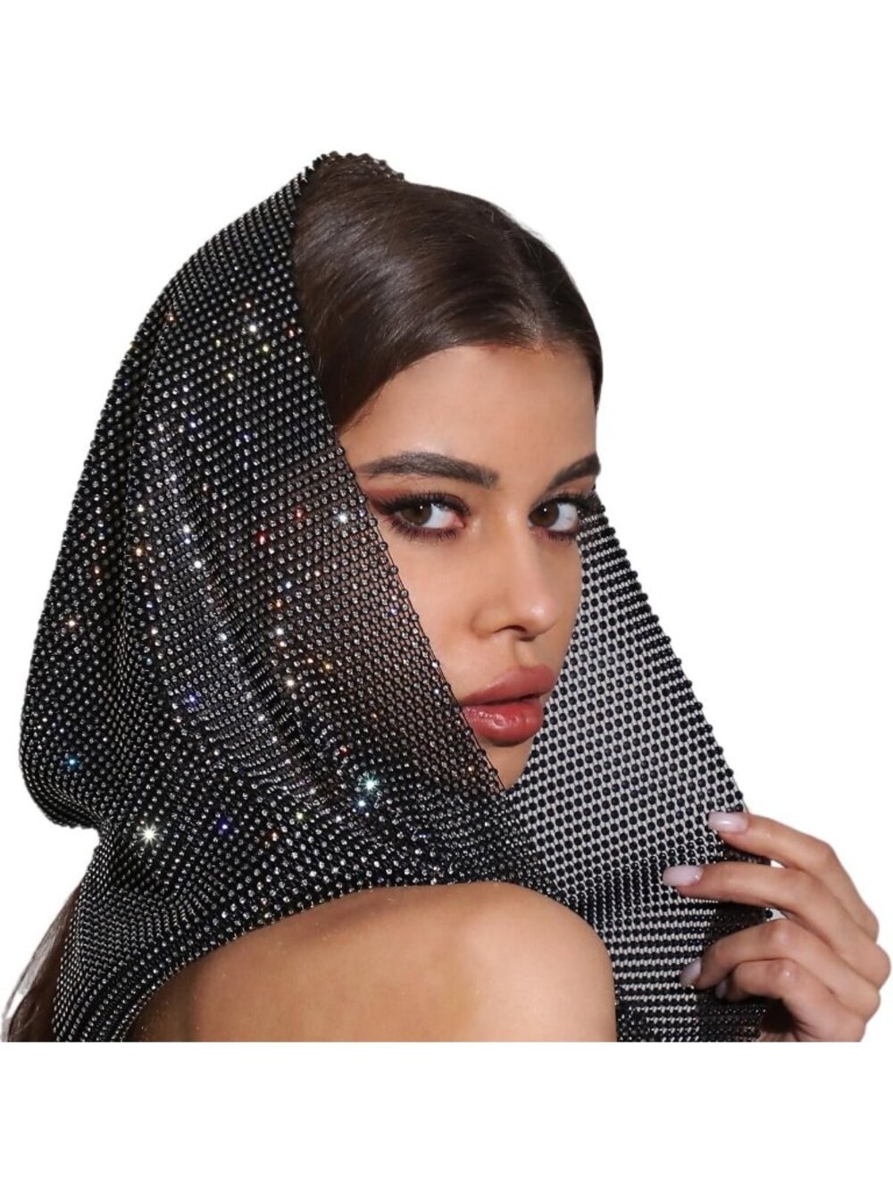 Sparkly Rhinestone Mesh Head Scarf Hood - Crystal Headband for Festival & Party